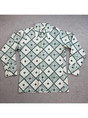 Vintage 70s Kings Road Paris Geometric Diamond Print Button Up Shirt Green M
